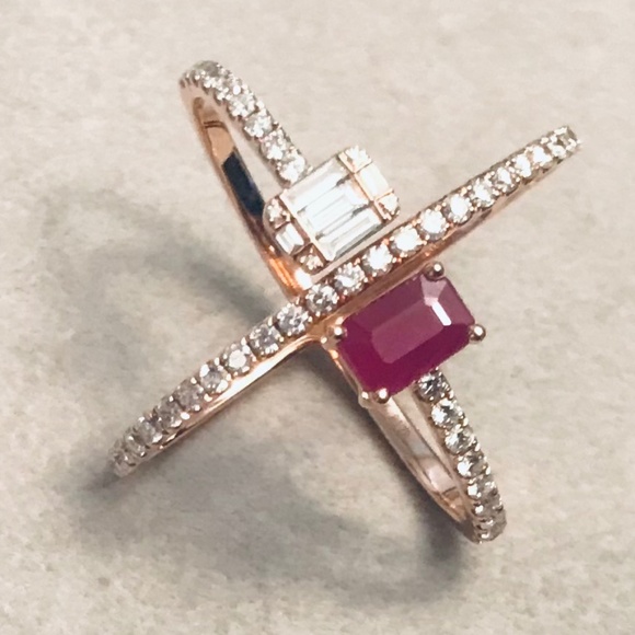 14K Rose Gold Genuine Diamond & Ruby X Ring - Picture 10 of 13